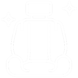 Car seat icon with sparkles, black background.